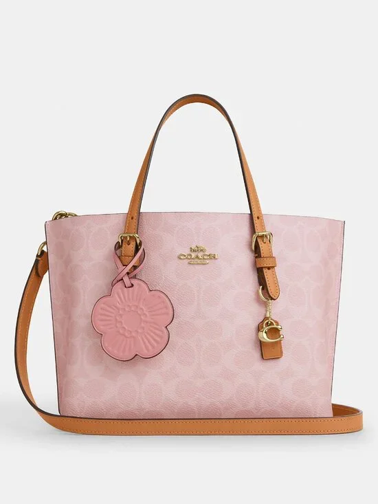 New Coach Mollie Tote Bag 25 In Signature Canvas With Charms Powder Pink Authen. - Picture 3 of 10